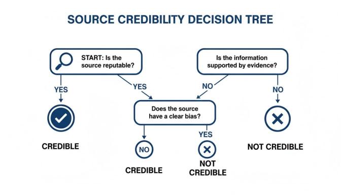 A source credibility decision tree flowchart with steps to evaluate information trustworthiness.
