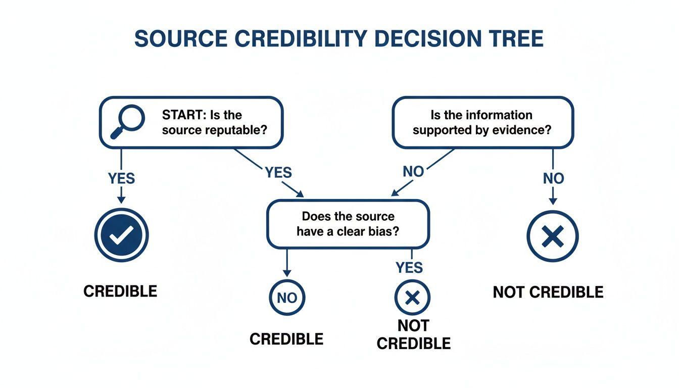A source credibility decision tree flowchart with steps to evaluate information trustworthiness.