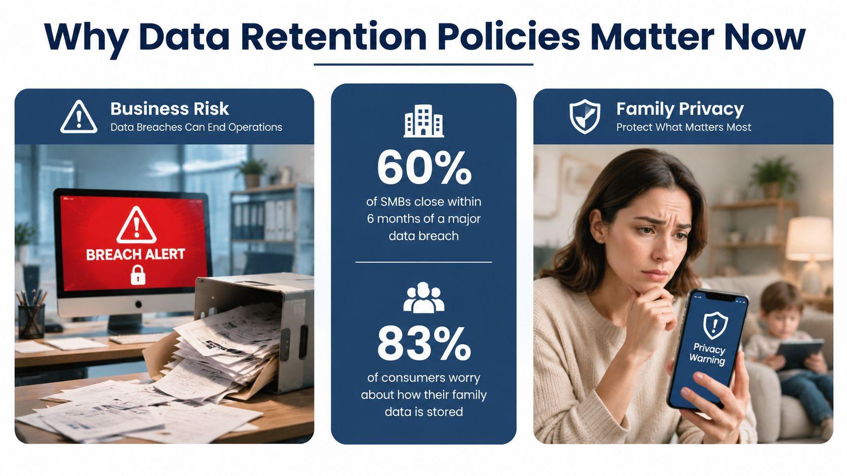 An infographic titled Why Data Retention Policies Matter Now highlighting business risks and consumer privacy concerns.