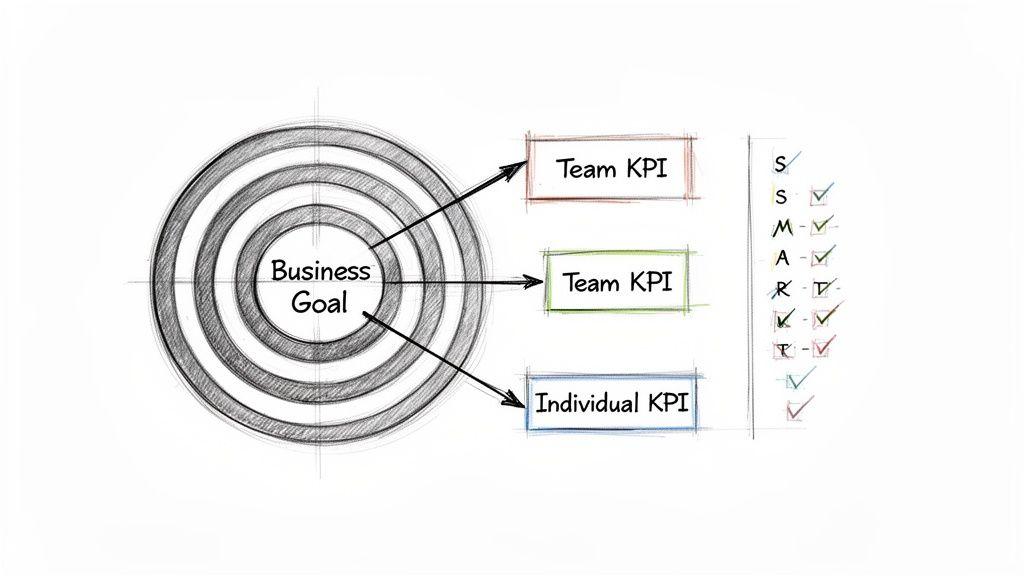 Illustration of a business goal target linked to team and individual KPIs, evaluated by SMART framework.