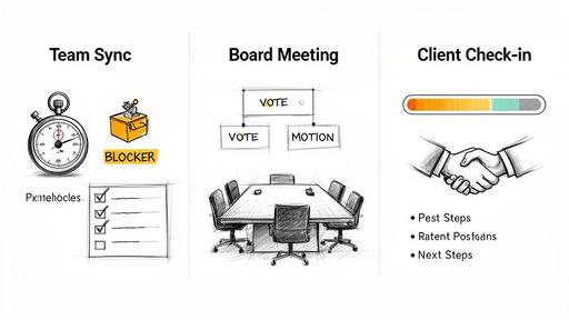 Three panels depict different meeting types: team sync, board meeting, and client check-in, with related visuals.