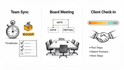 Three panels depict different meeting types: team sync, board meeting, and client check-in, with related visuals.