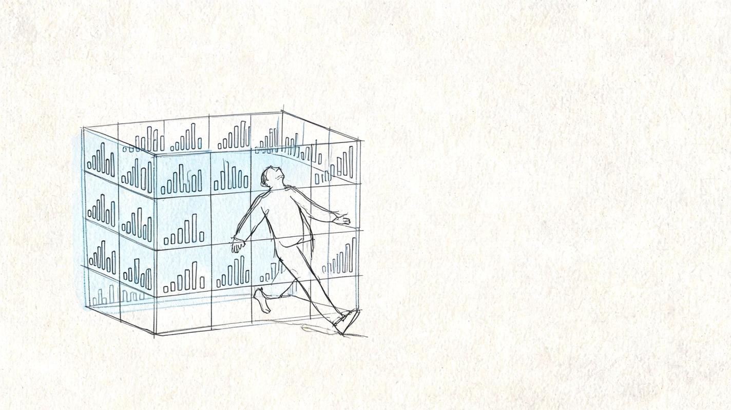 A sketched illustration of a person inside a transparent cube structure covered in various bar charts.