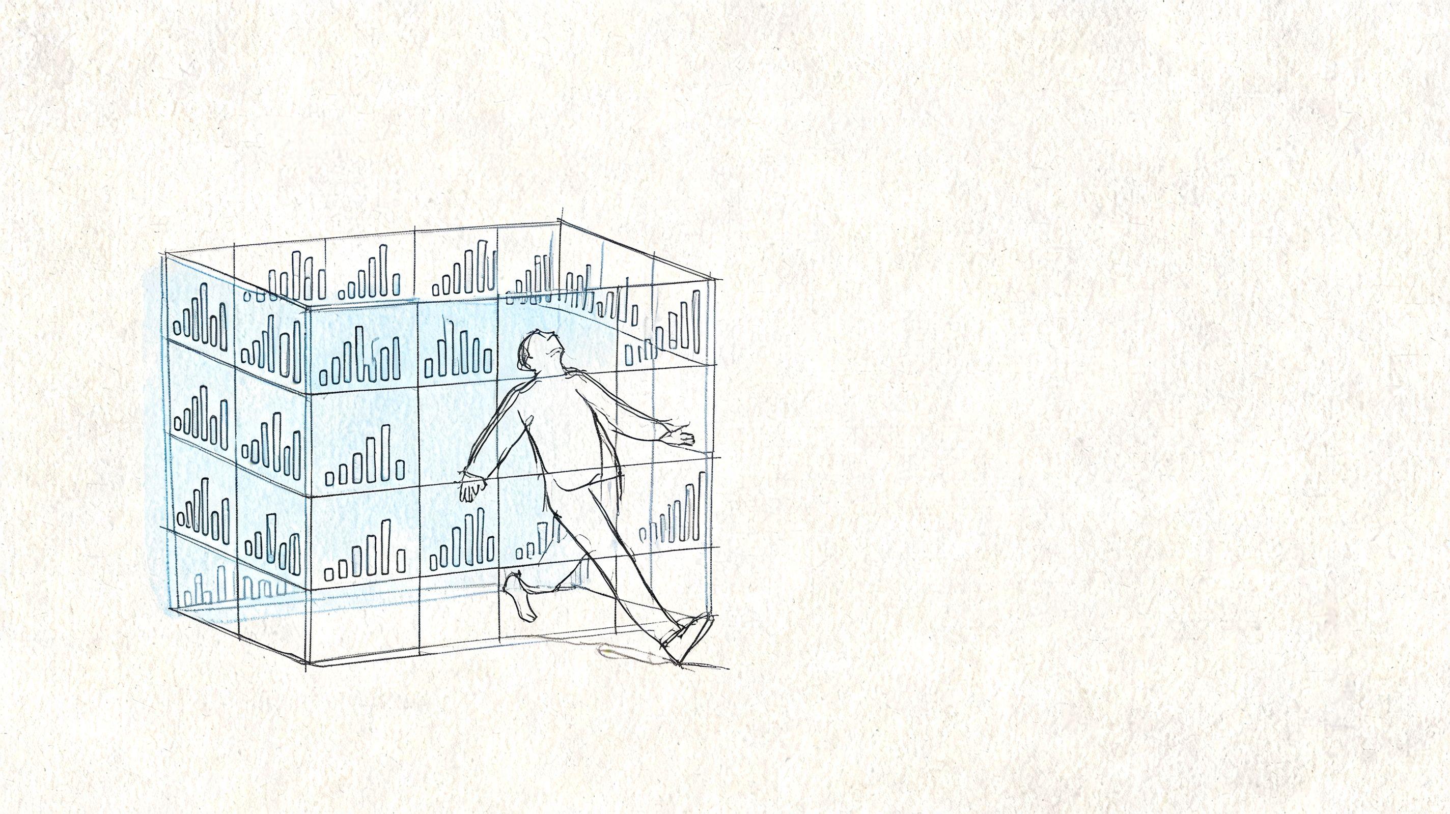 A sketched illustration of a person inside a transparent cube structure covered in various bar charts.