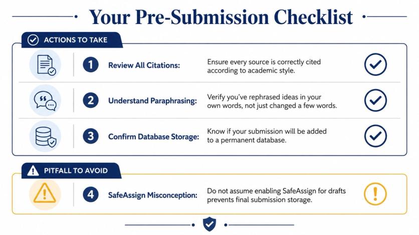 A checklist infographic titled Your Pre-Submission Checklist outlining academic submission steps and avoiding common database storage pitfalls.