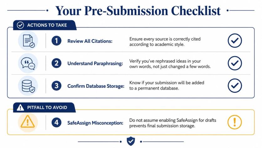 A checklist infographic titled Your Pre-Submission Checklist outlining academic submission steps and avoiding common database storage pitfalls.