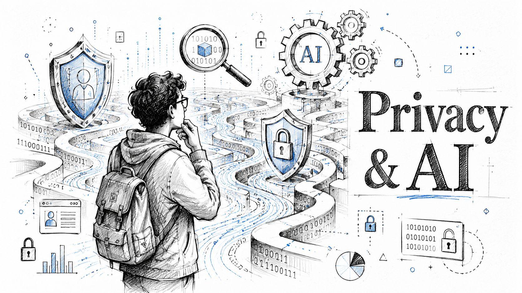 A student standing before a complex path of digital data while thinking about artificial intelligence and security.