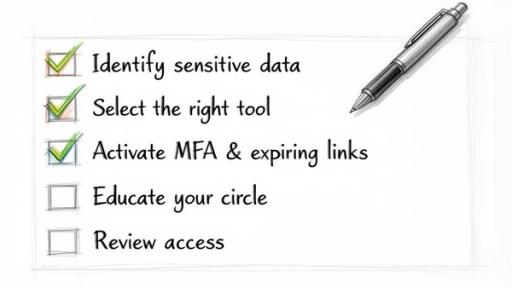 A checklist outlining steps for secure data sharing, with the first three items checked off, next to a pen drawing.