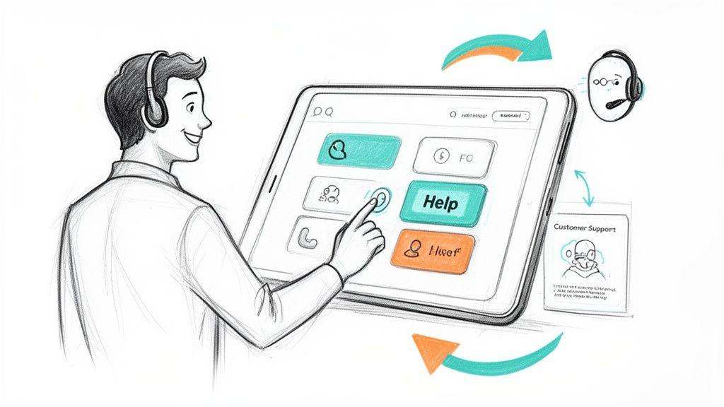 Sketch of a man in headphones touching a 'Help' button on a tablet screen, symbolizing customer service.