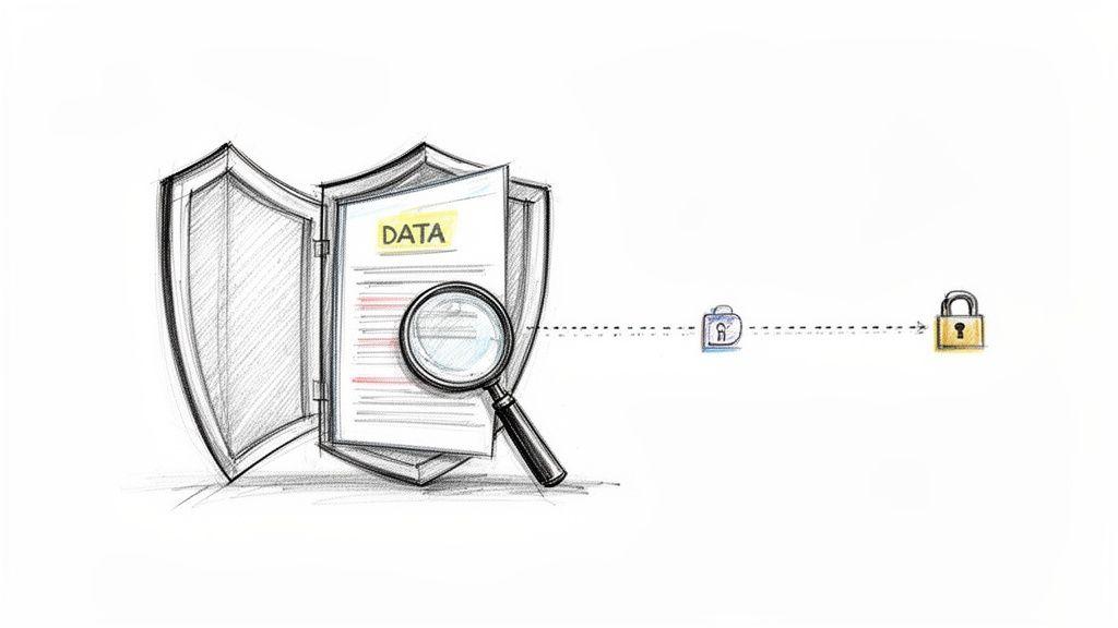 A shield protects a document labeled 'DATA', examined by a magnifying glass, leading to a secure padlock.