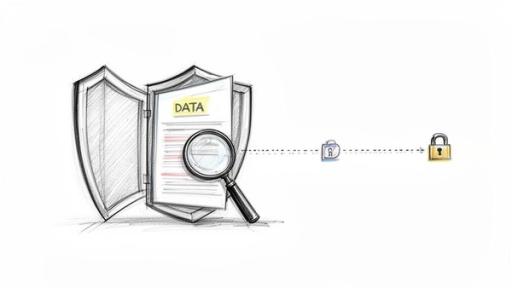 A shield protects a document labeled 'DATA', examined by a magnifying glass, leading to a secure padlock.