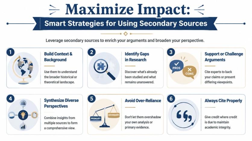 An infographic titled Maximize Impact outlines six smart strategies for effectively using secondary sources in academic research.