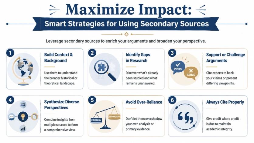 An infographic titled Maximize Impact outlines six smart strategies for effectively using secondary sources in academic research.