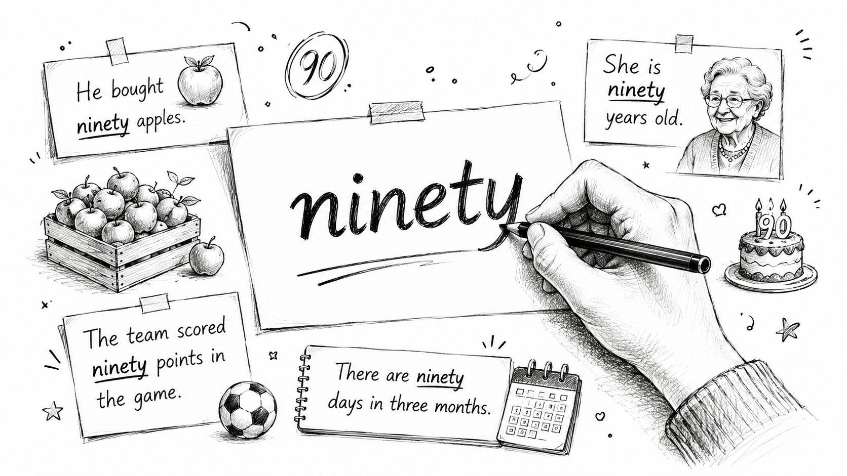 A hand writes the word ninety on paper, surrounded by drawings showing examples of the number ninety.