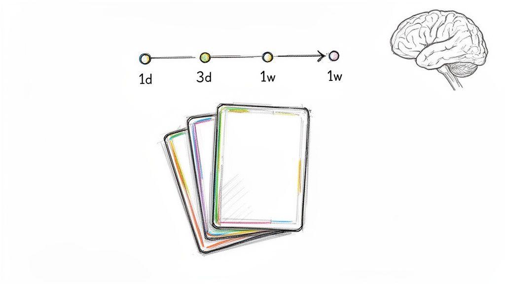 A timeline showing spaced repetition intervals (1d, 3d, 1w) with flashcards and a brain.