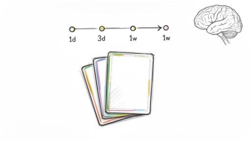 A timeline showing spaced repetition intervals (1d, 3d, 1w) with flashcards and a brain.
