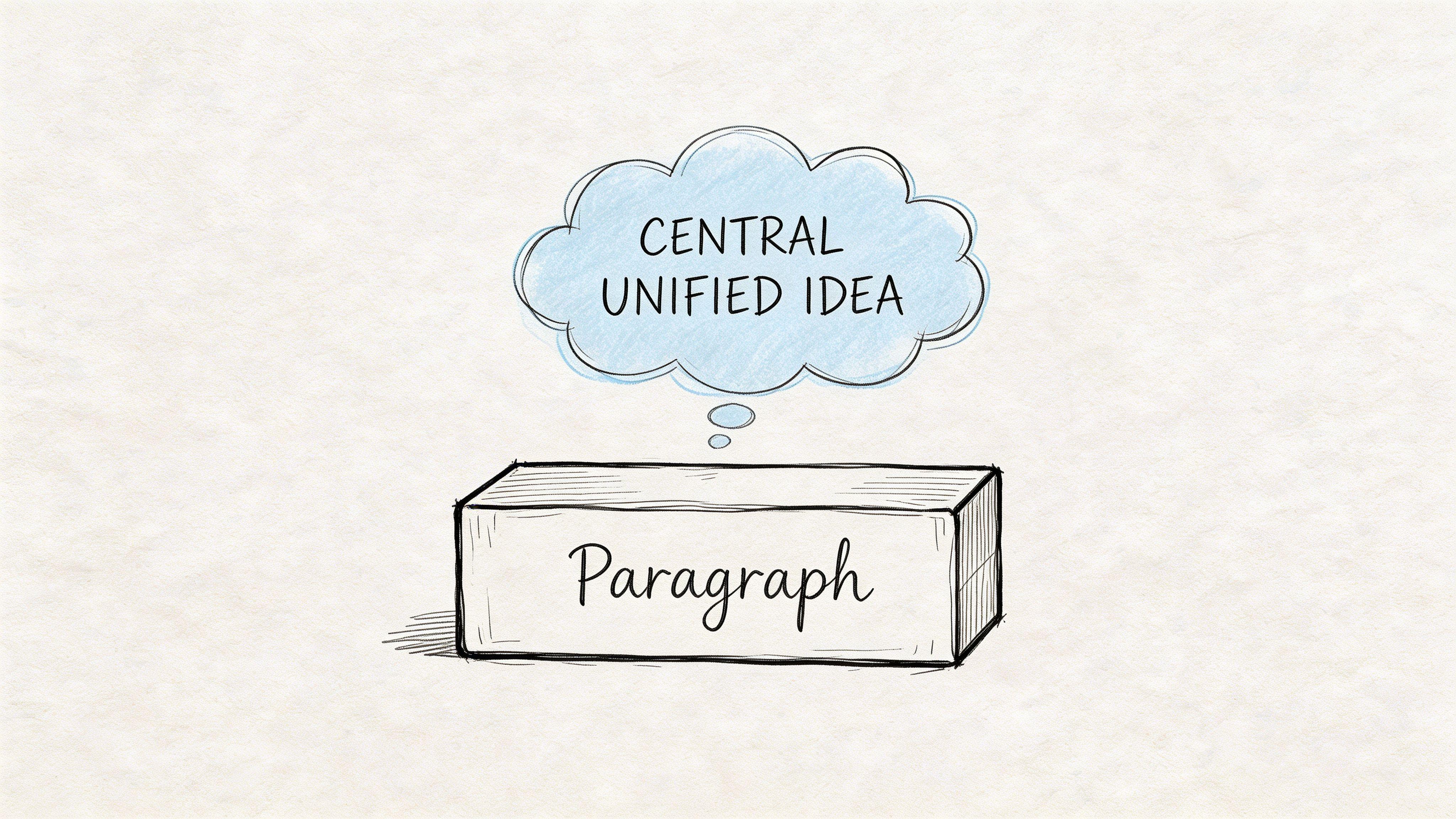 A hand-drawn illustration depicting a single block labeled Paragraph with a thought bubble labeled Central Unified Idea.