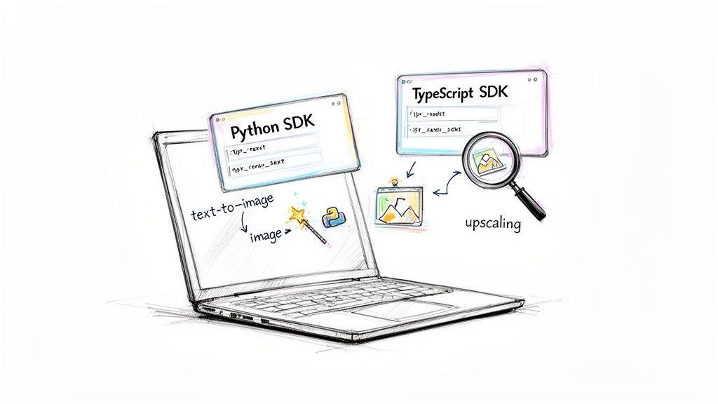 Sketch illustrates Python and TypeScript SDKs enabling text-to-image generation and image upscaling on a laptop.