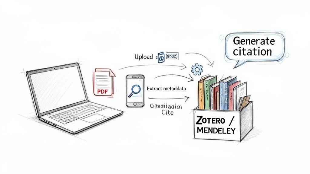 Diagram illustrating the workflow of citing a PDF using a reference manager like Zotero or Mendeley.