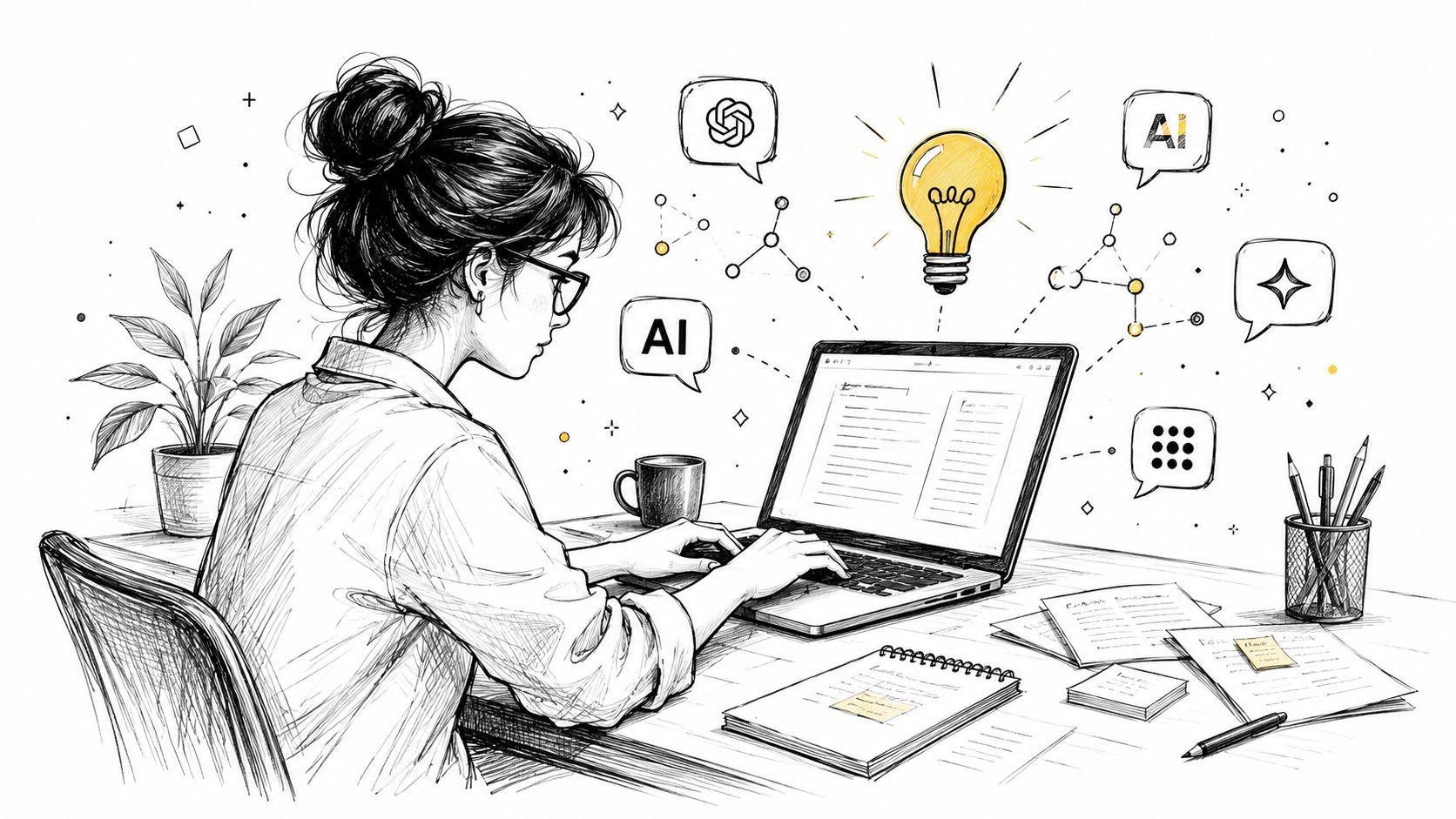 A woman working on a laptop surrounded by artificial intelligence icons and creative lightbulb symbols.
