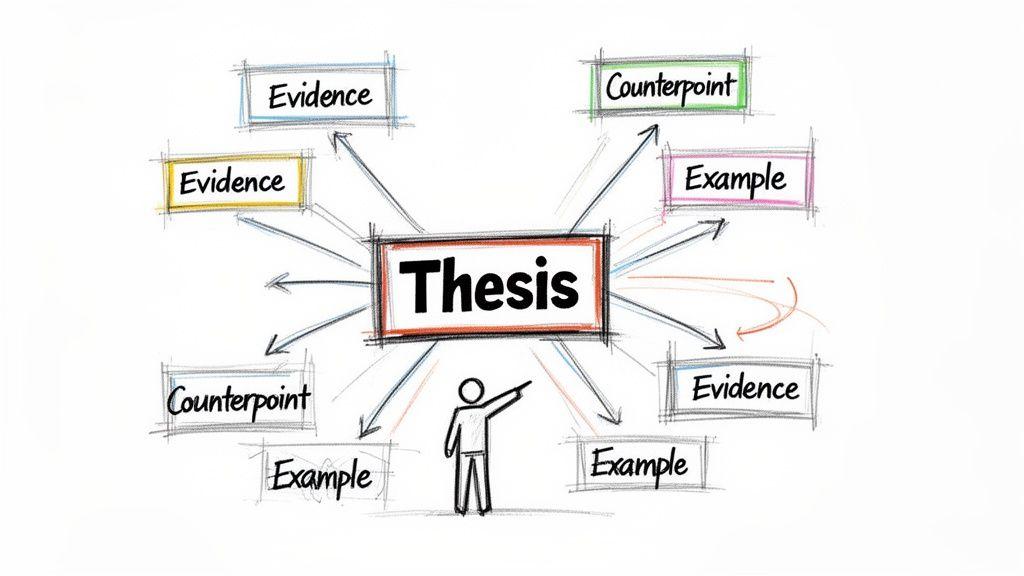 A mind map showing a thesis connected to multiple examples, evidence, and counterpoints.