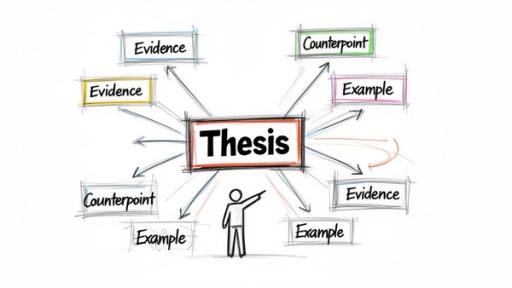 A mind map showing a thesis connected to multiple examples, evidence, and counterpoints.