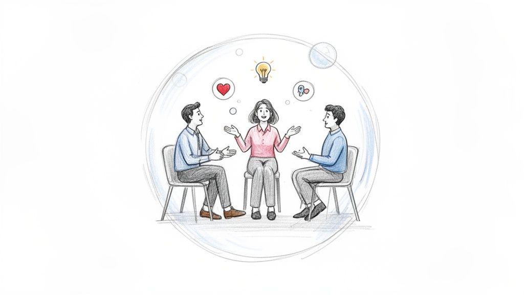 Three people discussing ideas and emotions within a collaborative circle, representing team communication.