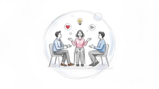 Three people discussing ideas and emotions within a collaborative circle, representing team communication.