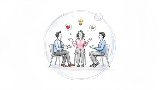 Three people discussing ideas and emotions within a collaborative circle, representing team communication.