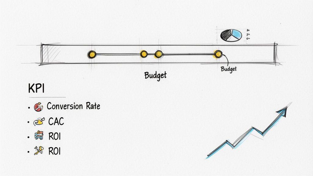 Hand-drawn sketch of marketing KPIs (Conversion Rate, CAC, ROI), a budget timeline, pie chart, and an upward trend graph.