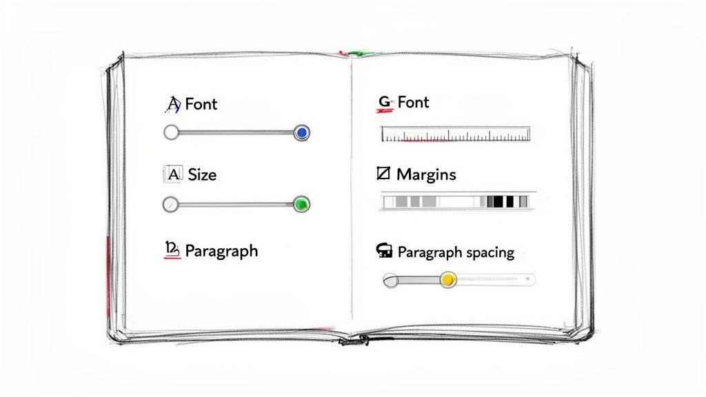 A sketch of an open book displaying text formatting options like font, size, paragraph, margins, and spacing.