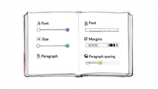 A sketch of an open book displaying text formatting options like font, size, paragraph, margins, and spacing.