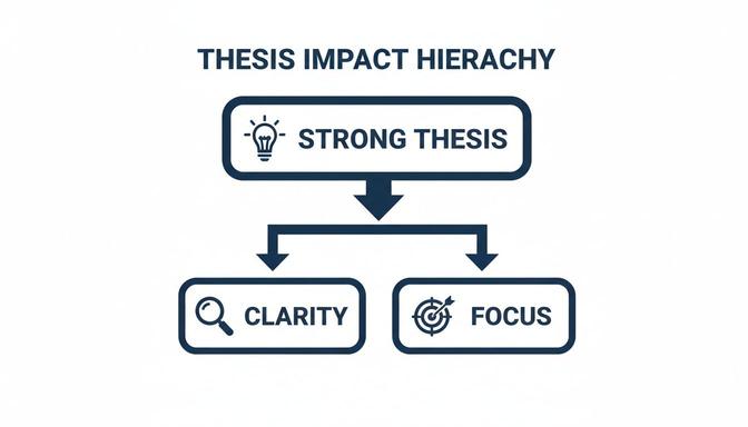 A diagram illustrating the thesis impact hierarchy: a strong thesis leads to clarity and focus.