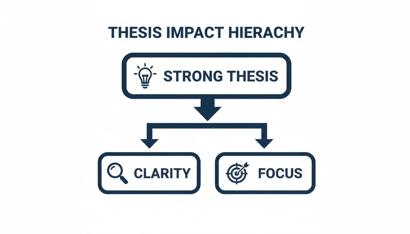 A diagram illustrating the thesis impact hierarchy: a strong thesis leads to clarity and focus.