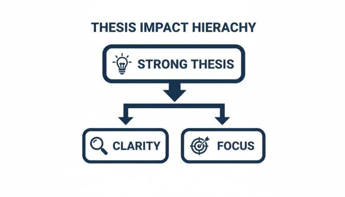A diagram illustrating the thesis impact hierarchy: a strong thesis leads to clarity and focus.