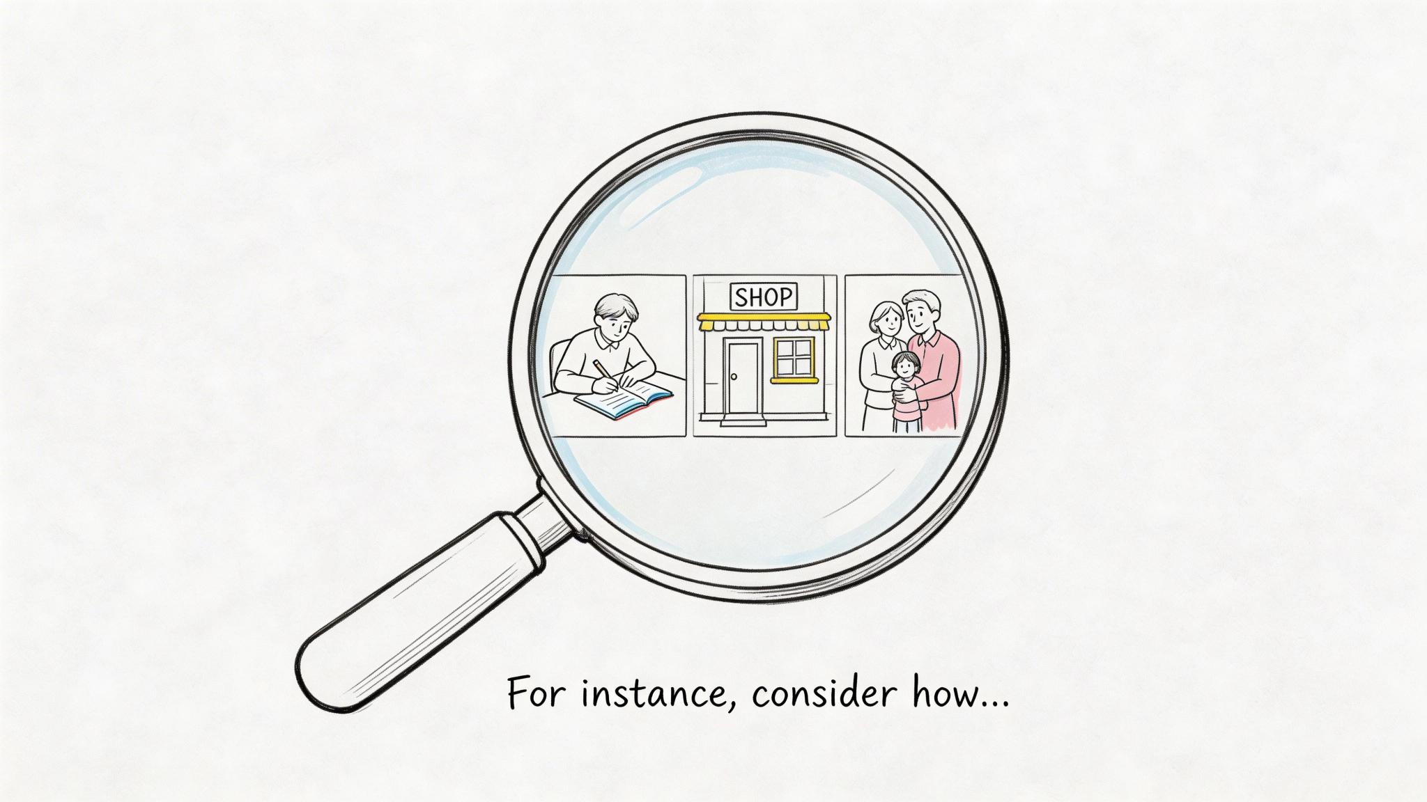 A magnifying glass focusing on illustrations of a student studying, a shop, and a happy family.