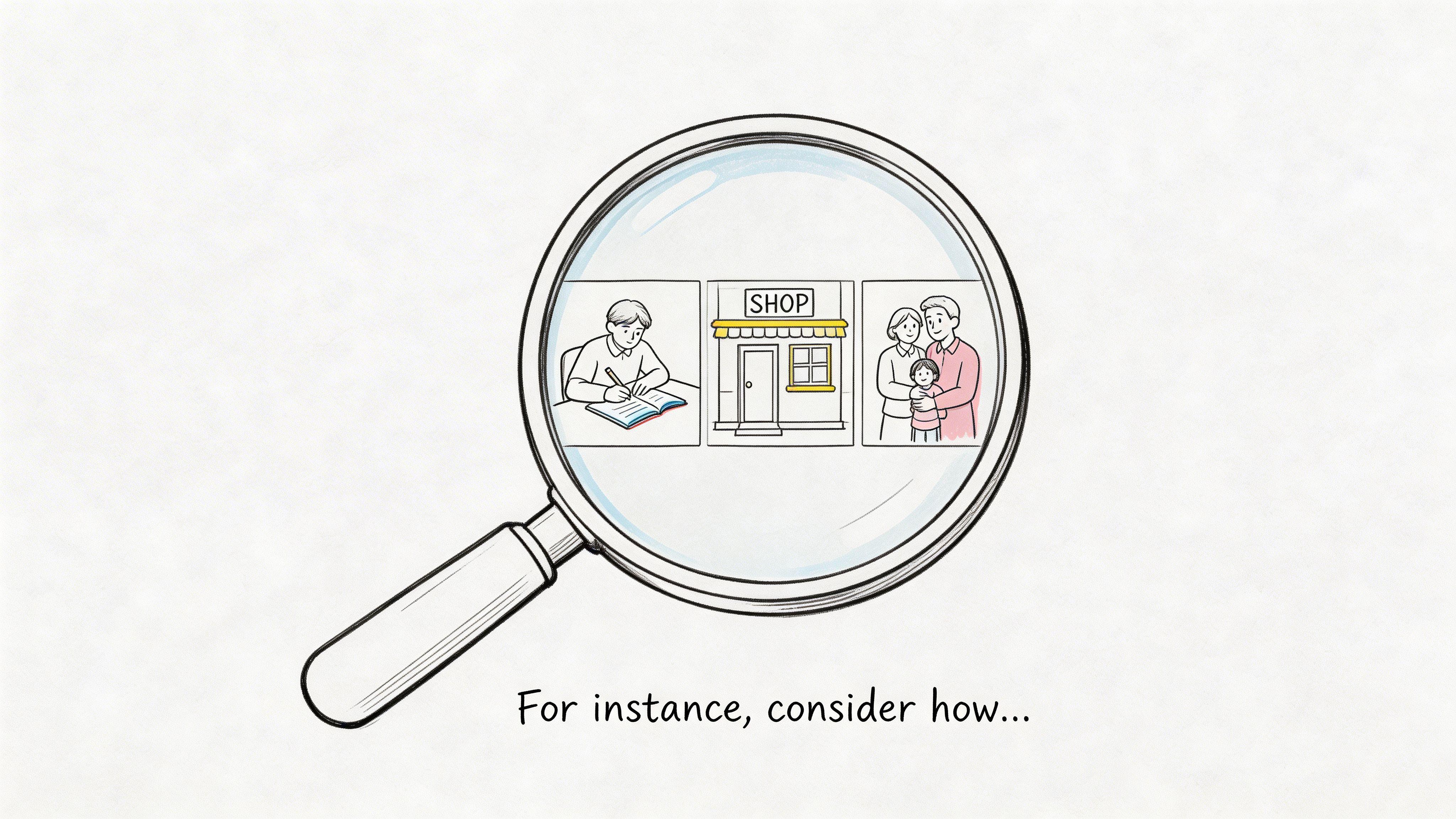 A magnifying glass focusing on illustrations of a student studying, a shop, and a happy family.