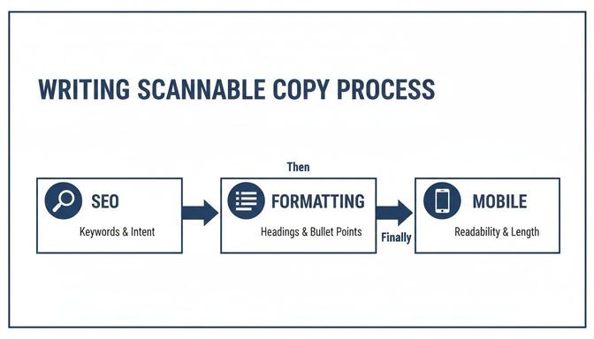 Flowchart illustrating the writing scannable copy process, including SEO, formatting, and mobile optimization.