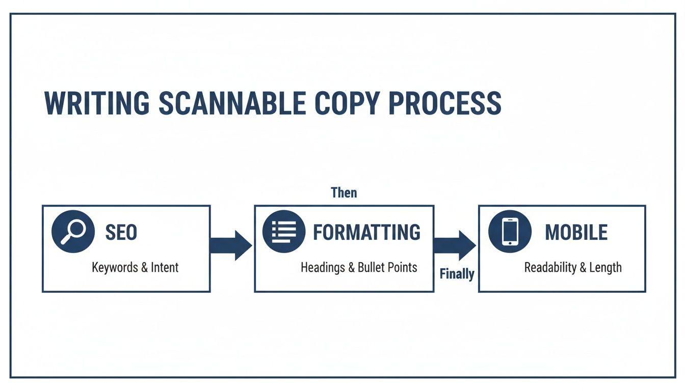 Flowchart illustrating the writing scannable copy process, including SEO, formatting, and mobile optimization.
