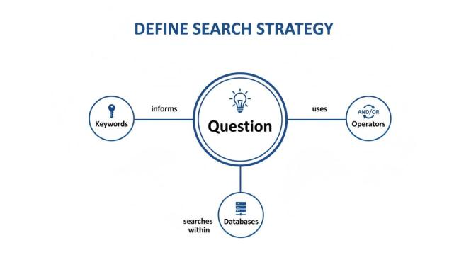 A diagram outlining how to define a search strategy, connecting a central Question to Keywords, Operators, and Databases.