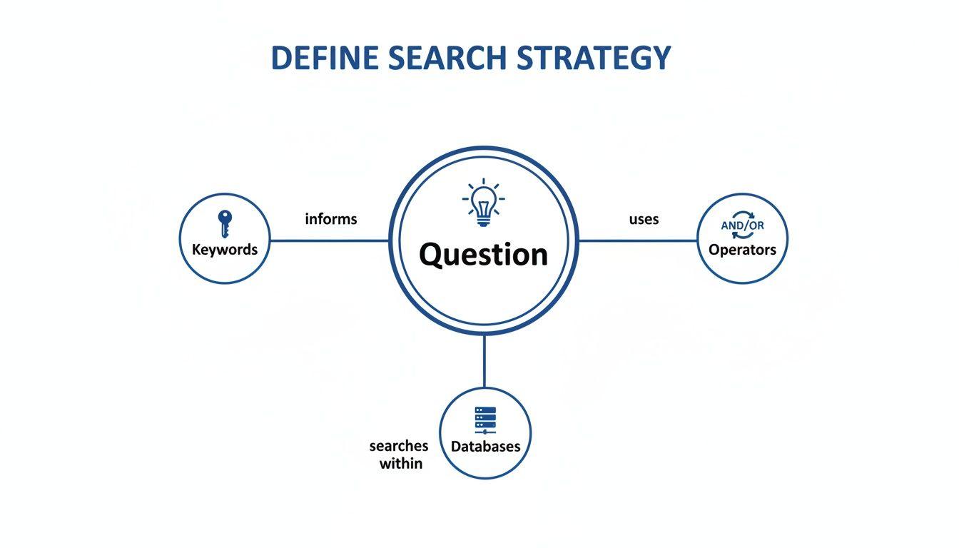 A diagram outlining how to define a search strategy, connecting a central Question to Keywords, Operators, and Databases.