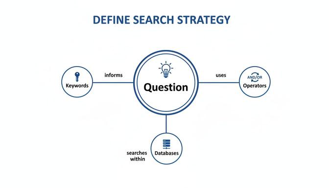 A diagram outlining how to define a search strategy, connecting a central Question to Keywords, Operators, and Databases.