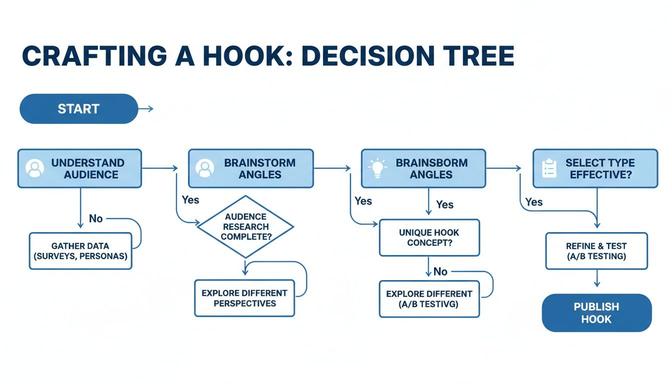 A decision tree flowchart for crafting a hook, detailing steps from audience research to publishing.