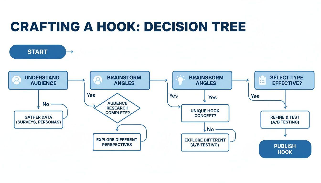 A decision tree flowchart for crafting a hook, detailing steps from audience research to publishing.