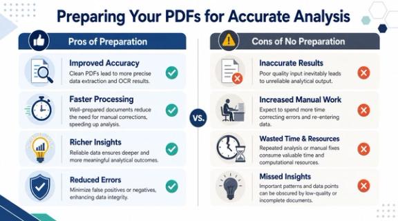 A comparison infographic showing the pros of preparing PDFs versus the cons of poor document preparation.