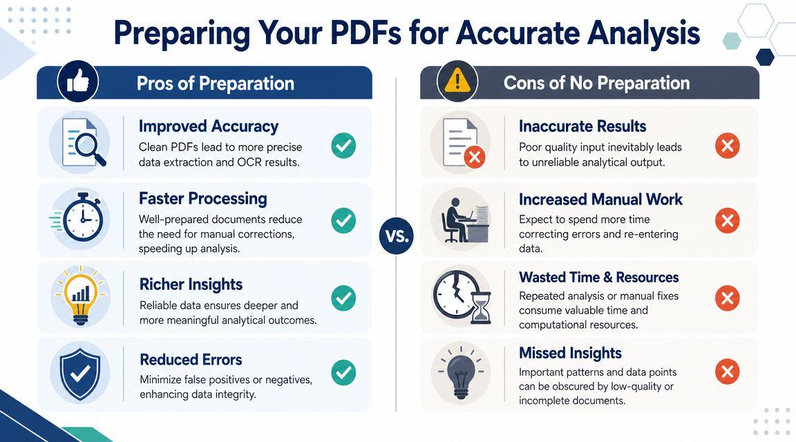 A comparison infographic showing the pros of preparing PDFs versus the cons of poor document preparation.