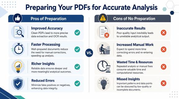 A comparison infographic showing the pros of preparing PDFs versus the cons of poor document preparation.