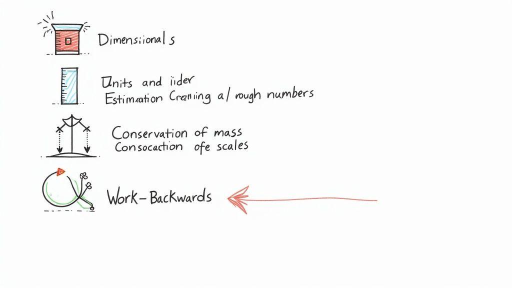 Handwritten notes illustrating four problem-solving concepts: dimensions, units, conservation, and working backwards.