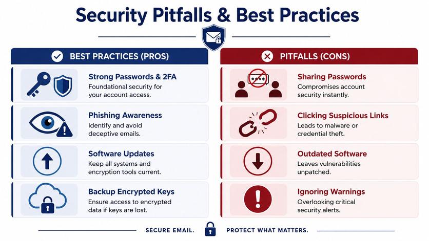 An infographic comparing cybersecurity best practices and common security pitfalls for email and digital account protection.