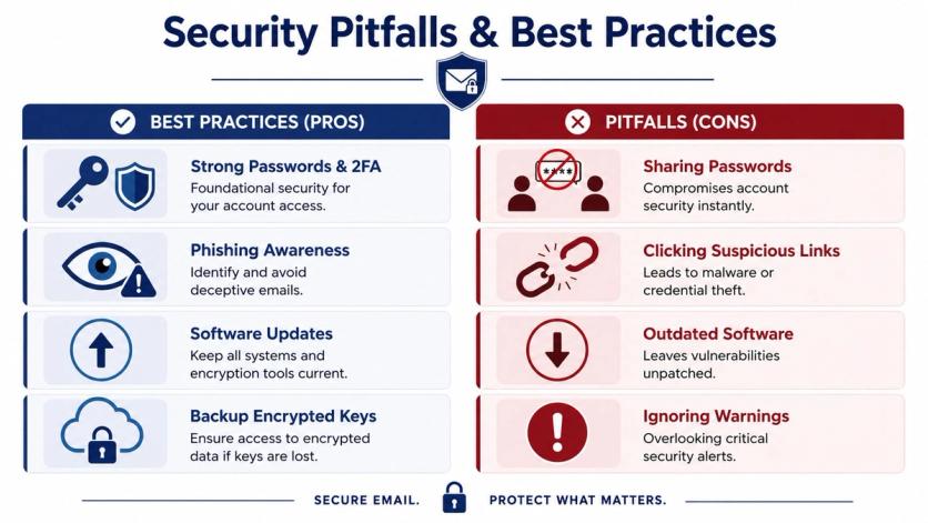 An infographic comparing cybersecurity best practices and common security pitfalls for email and digital account protection.